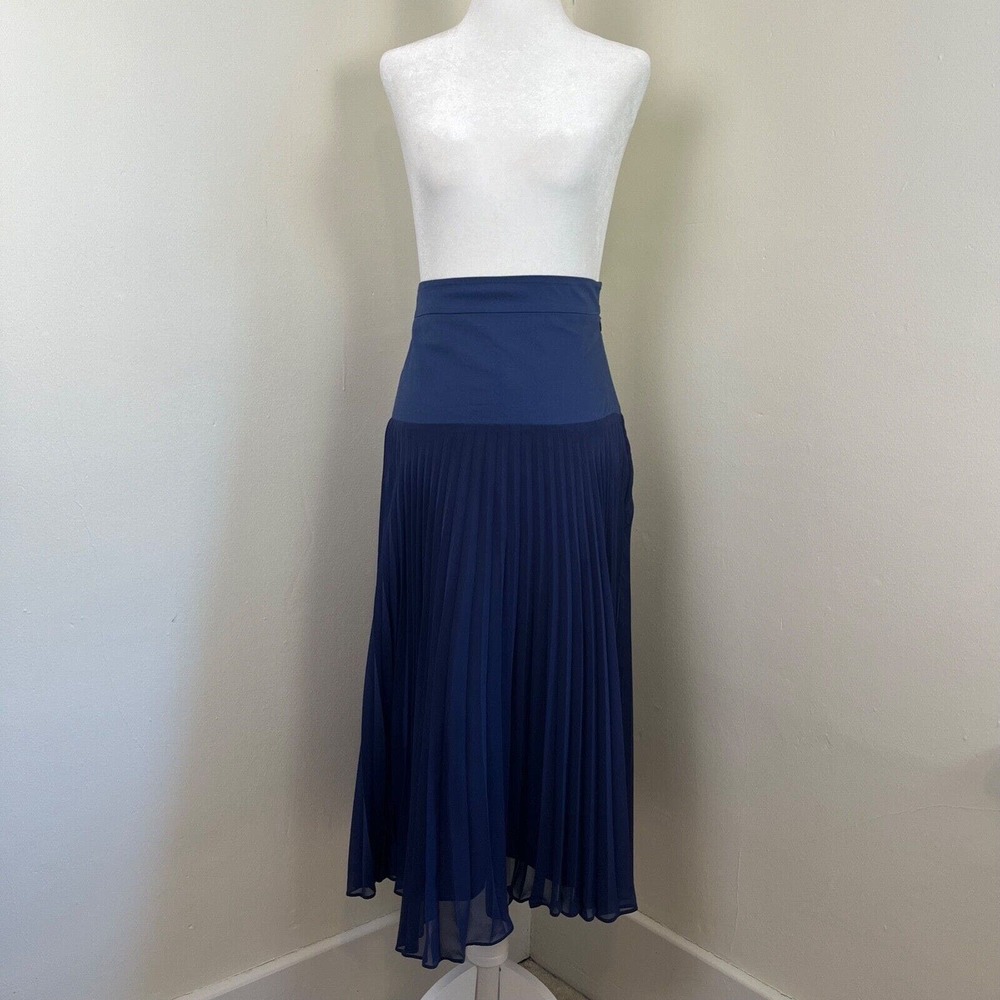 REISS Presley Knife Pleated Midi Skirt Navy Blue 0 Chiffon Pleat Lined Zip
